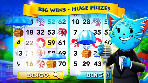 Blue Cat Character with a microphone in front of two large bingo cards. A banner reads Big Wins and Huge Prizes.