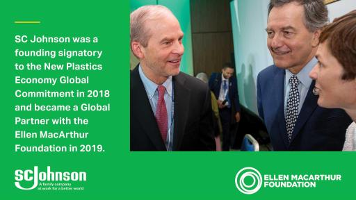 SC Johnson Chairman and CEO Fisk Johnson (left) with Roberto Ampuero Espinoza, Minister of Foreign Affairs, Chile and Dame Ellen MacArthur after signing the New Plastics Economy Global Commitment. (Graham Crouch/AP Photography for SC Johnson)