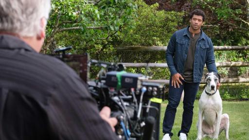 Pro football champion and pet advocate Russell Wilson, with his dog Naomi, films the Safer Together™ public service announcement (PSA) with the Banfield Foundation® on Wednesday, May 15, 2019, in Redmond, Wash. The PSA will launch nationally ahead of National Domestic Violence Awareness Month to help raise awareness that pets, too, are often victims in homes where domestic violence occurs. Each year, millions of domestic violence victims stay in abusive situations because they fear for the safety of their pet, and with less than 10% of domestic violence shelters welcoming pets, too many lives remain at risk. (Stephen Brashear/AP Images for the Banfield Foundation)