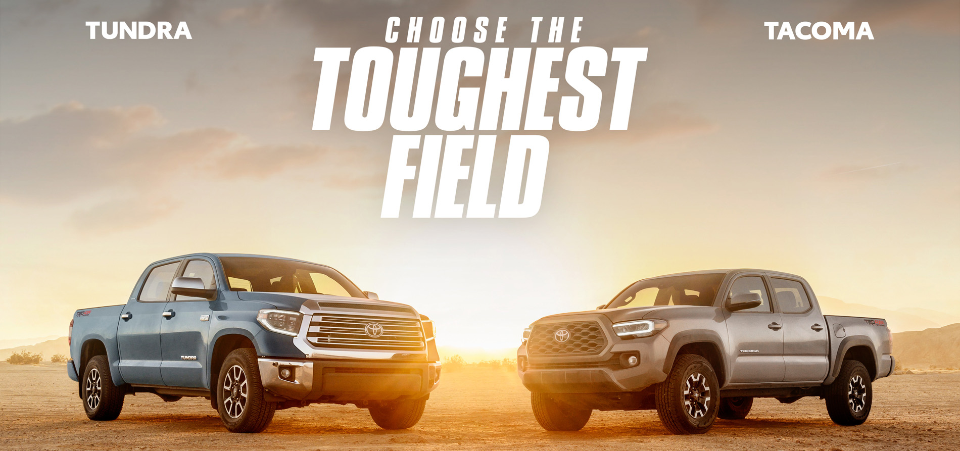 Two Toyota Trucks in the desert.