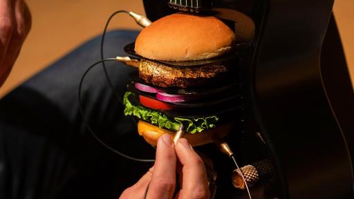 Attaching burger and guitar
