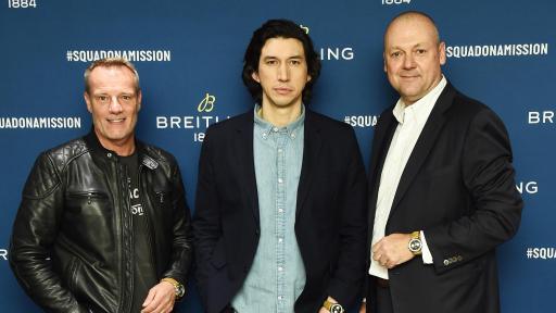 Stuart Garner, Adam Driver and Thierry Prissert at the Breitling Premier Norton Edition Event in New York standing together for a photo