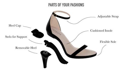 Each pair of Pashions comes with one full &ldquo;Convertible Tech package,&rdquo; including the removable Pashion Stelo&trade; arch support, rubber heel caps and a drawstring bag to stow parts when not in use.