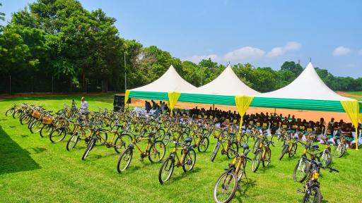 Display of bamboo bicycles and 85 student-recipients from Ningo-Prampram School District, recently, at the start of the African Bicycle Contribution Foundation’s “500th Bicycle” event, in Accra.
