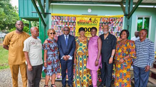 Standing in front of the event banner at the African Bicycle Contribution Foundation&rsquo;s(ABCF): &ldquo;500th Bicycle&rdquo; event, in Accra, recently, were (from left): Philip Sackey CEO, PCS Company Ltd; Mr Peter Djan, Head teacher, Prampram Senior High School; Ms Patricia Marshall Harris, executive director, ABCF; Mr. Carl Nelson, COO, Ghana Investment Promotion Centre; Hon. Elizabeth K. T. Sackey, Deputy Regional
