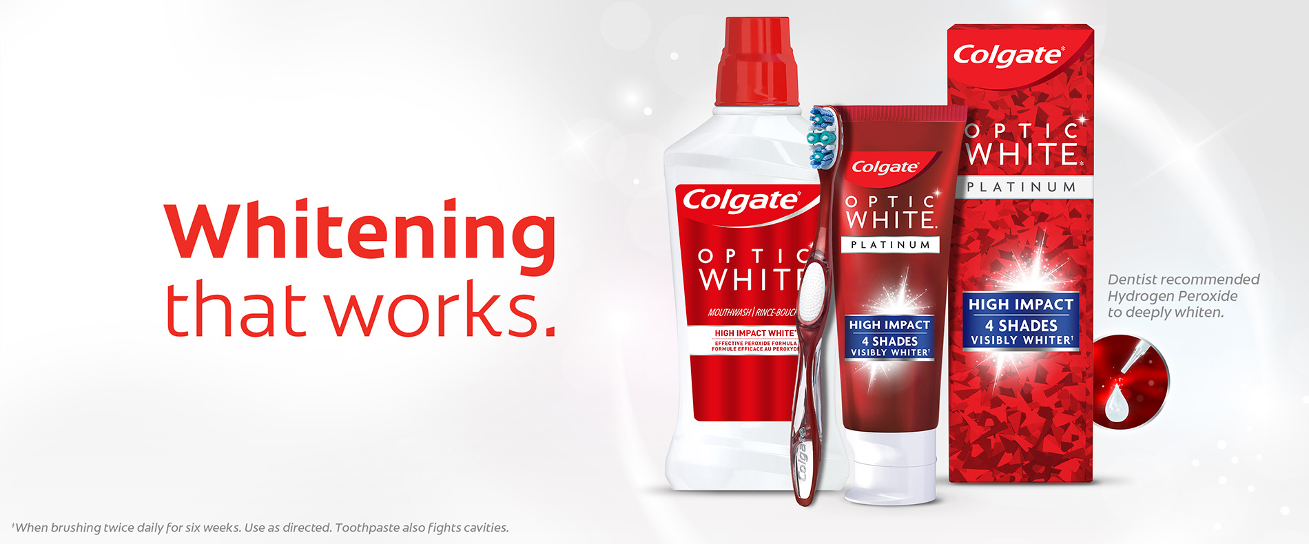 Child in a red shirt with a thumbs up and various colgate products around him.