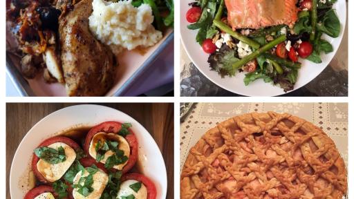 Four images of various foods, arranged in a 2x2 square.