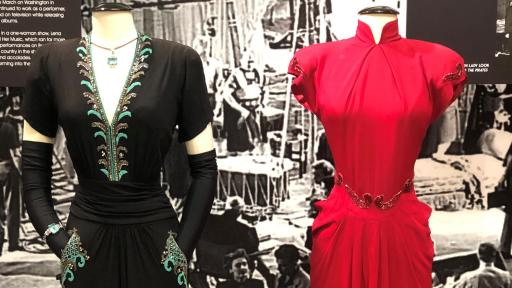 A black ball gown and red ball gown