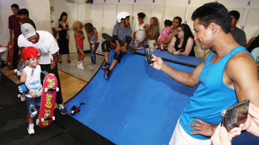 Mario Lopez and son Nico skating with Bones Love Milk Skate Team