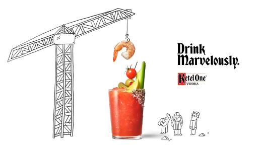 Vodka cocktail next to a drawing of a crane that says Drink Marvelously.