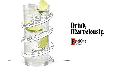 Cartoon image of a slide around a glass of vodka. A cartoon man is sliding down on the slide.