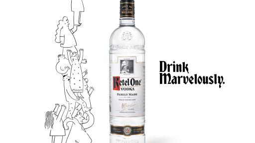 Ketel One add that says drink marvelously with a bottle of vodka by a cartoon drawing of people on top of each other.
