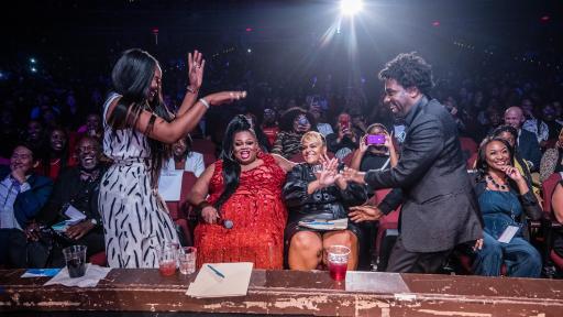 Judges, Yandy Smith, Silky Ganache, Theresa Royals and Mike Warner get the crowd going