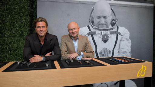 Breitling Cinema Squad Member Brad Pitt with Breitling CEO Georges Kern at the Breitling Summit in Los Angeles, California.