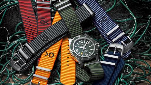 The Breitling Superocean Automatic 44 Outerknown and sustainable Outerknown ECONYL&reg; NATO strap collection.
