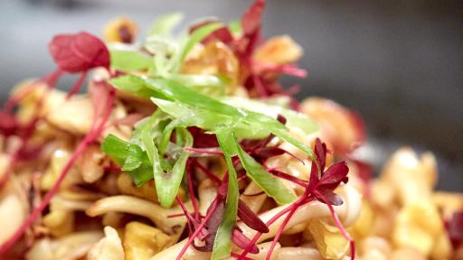 Chef Esther Choi’s Rice Cake Gnocchi with Hummus Soy Cream Sauce and Crispy Wild Mushroom