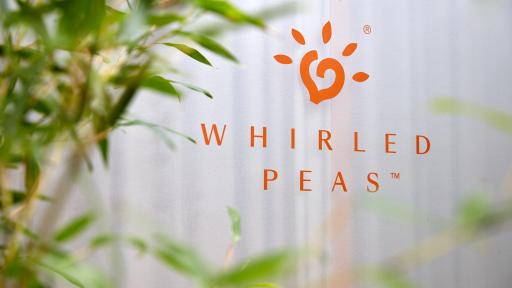 Whirled Peas logo on a window