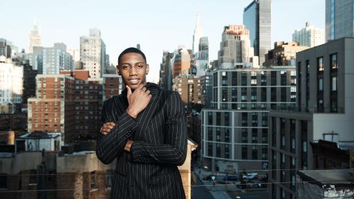 RJ Barrett in Chalk Stripe Black Suit Hero