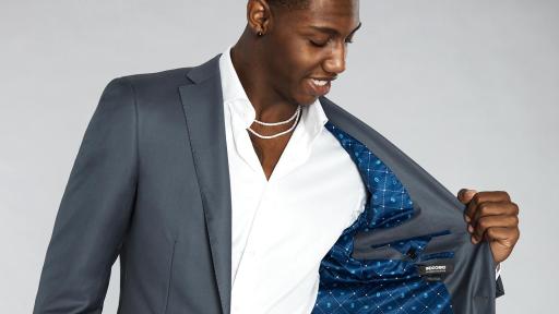 RJ Barrett in Solid Steel Gray Suit with Number 9 (blue with number 9 and crown pattern) Lining