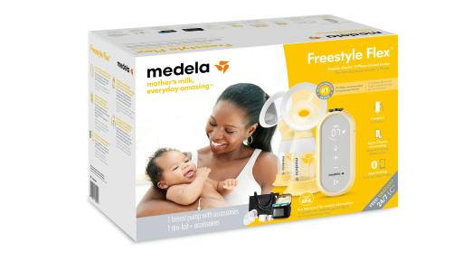 Medela’s Freestyle Flex™ comes with a double pumping kit, two sizes of PersonalFit Flex™ Breast Shields, power adaptor with USB charging cable, breast milk feeding bottles and lids, bottle stands and carry bag.