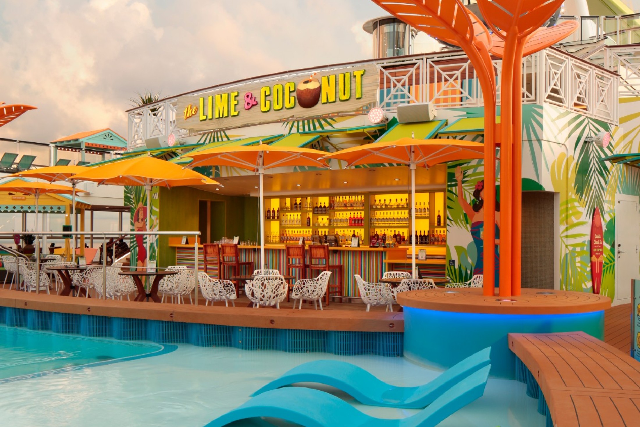Anchoring the resort-style Caribbean pool deck is The Lime & Coconut. Royal Caribbean’s signature, two-level poolside bar lights up Odyssey of the Seas’ top decks with freshly made cocktails, live music and a variety of seating to lounge and kick back and take in great ocean views.