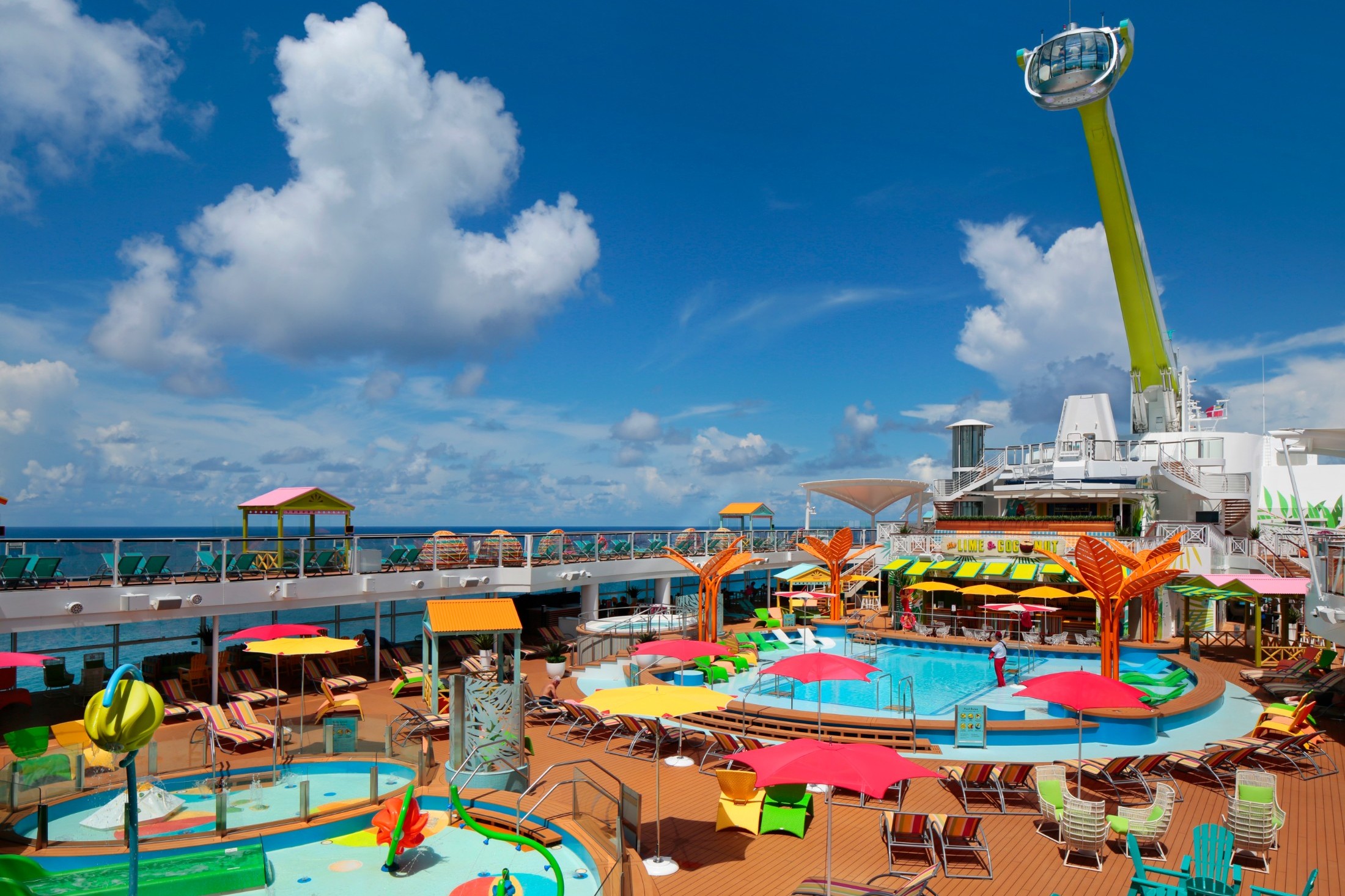 The lively resort-style pool deck on board Odyssey of the Seas sports a vibrant look. Spanning two decks, the Caribbean-inspired experience features the ultimate ocean views from more angles than one. Guests can kick back at two open-air pools, the North Star all-glass observation capsule, The Lime & Coconut poolside bar, Mexican grab-and-go eatery El Loco Fresh, a variety of seating – from in-pool loungers, nooks to casitas, and more.