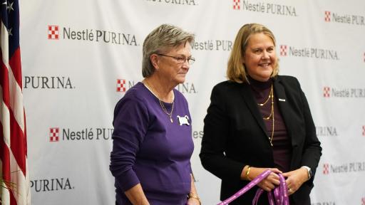 At the grand opening ceremony for Purina’s Hartwell factory, Purina also announced a $20,000 donation to the Northeast Georgia Council on Domestic Violence (NGCDV) as part of its Purple Leash Project, a partnership between Purina and national non-profit RedRover. Pictured left is Katherine Reusing, Executive Director of Northeast Georgia Council on Domestic Violence, and pictured right is Purina President Nina Leigh Krueger.