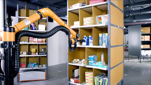 Ranger Picking Robot with arm and claw hand grabs a product on a shelf