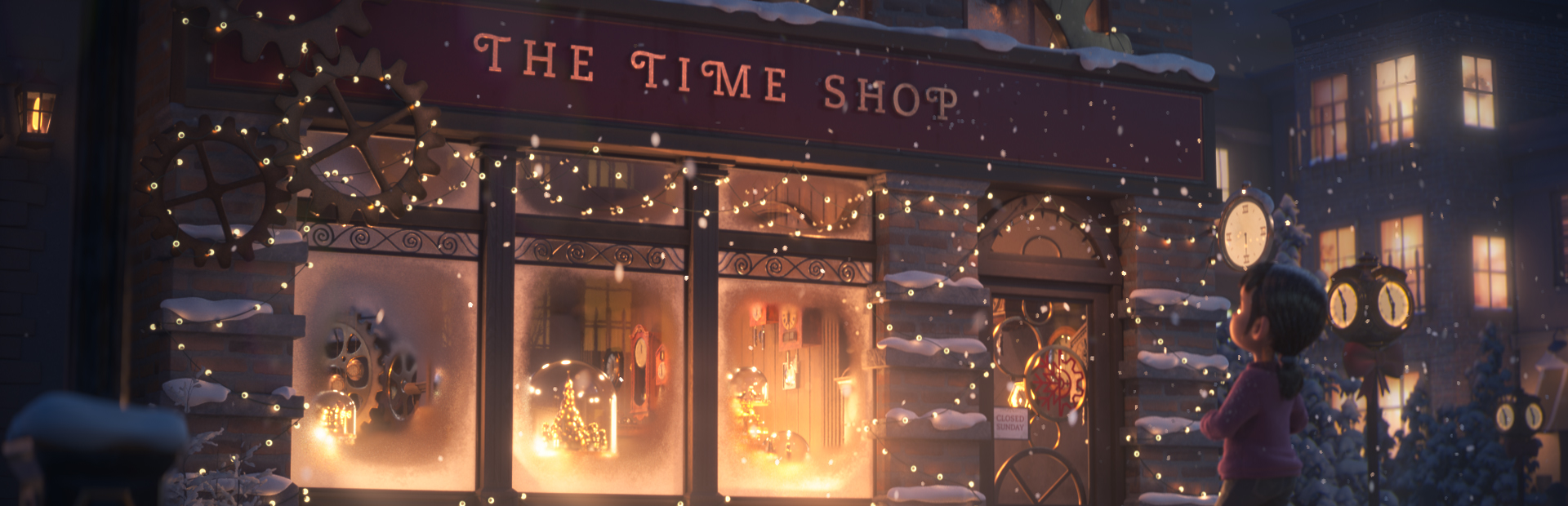 The Time Shop illustration of a kid looking into the shop on a winter night