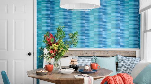 A colorfully decorated breakfast nook