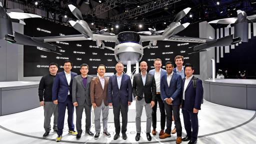 From left to right: Jae Hyung Kim, Head of Future Mobility System Research Team / SangYup Lee, Senior Vice President and Head of Hyundai Global Design / Jaiwon Shin, Executive Vice President and Head of Urban Air Mobility Division at Hyundai Motor Company / Youngcho Chi, President and Chief Innovation Officer At Hyundai Motor Company / Euisun Chung, Executive Vice Chairman of Hyundai Motor Group / Dara Khosrowshahi, CEO of Uber / Eric Allison, Head of Uber Elevate / Nikhil Goel, Head of Product, Uber Elevate / Wyatt Smith, Head of Business, Uber Elevate / Jun Shin, Senior Manager of Business Development, Uber Elevate