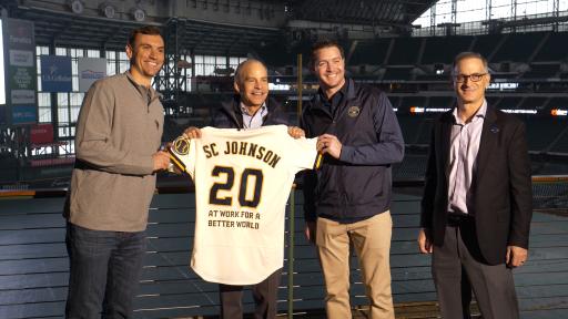 SC Johnson Chairman and CEO Fisk Johnson, Brewers President of Business Operations Rick Schlesinger, and Pitchers Brent Suter and Corey Knebel announce partnership at Miller Park.