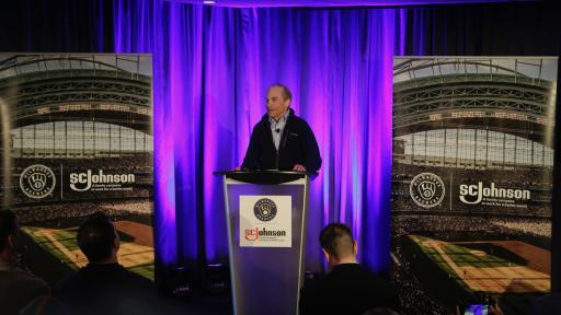 Fisk Johnson speaks at a media event on the new Brewers partnership