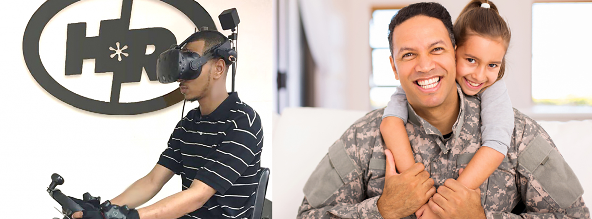 One the left half of the image, a man training with virtual reality; on the right half of the image, a military man holding his daughter