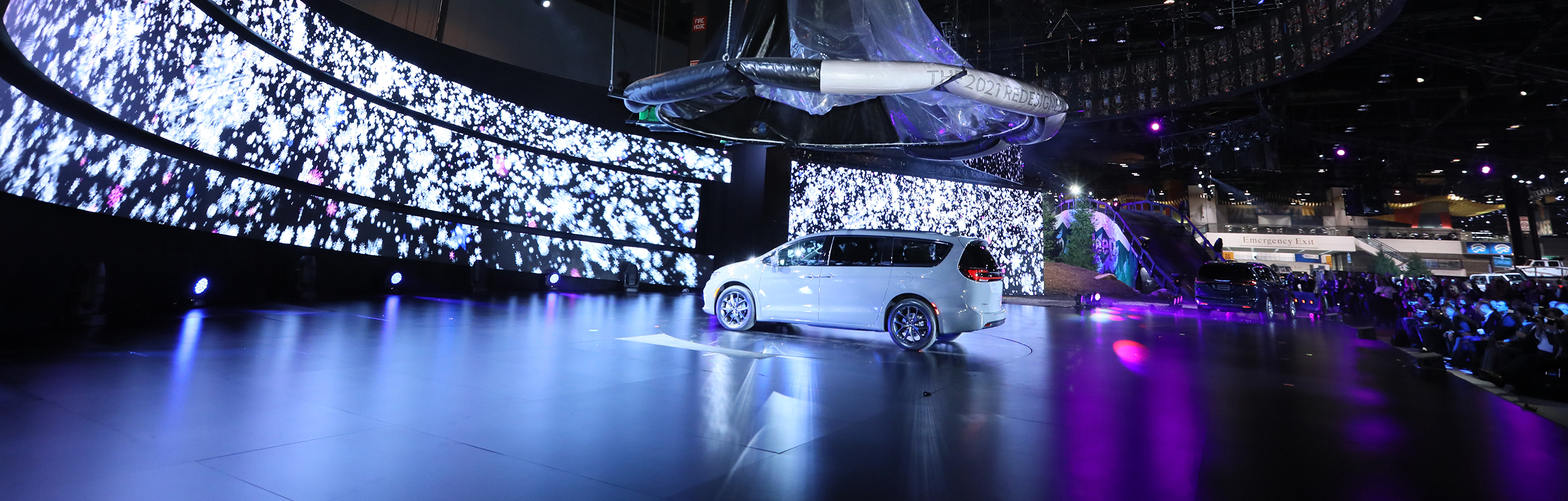 A white 2020 Chrysler Pacifica on stage at the 2020 Chicago Auto Show