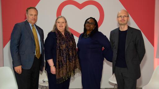 Heartline&trade; Executive Committee member Dr. Michael Gibson, Dr. Paul Burton of Janssen, and atrial fibrillation patients, Mellanie and Valarie