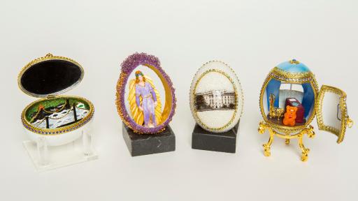 Hillary Clinton in 1997, the First Lady’s Commemorative Egg was adorned with jewels on the outside and opened to reveal a representation of a "Bridge to the 21st Century,” a theme of the Clinton Administration.