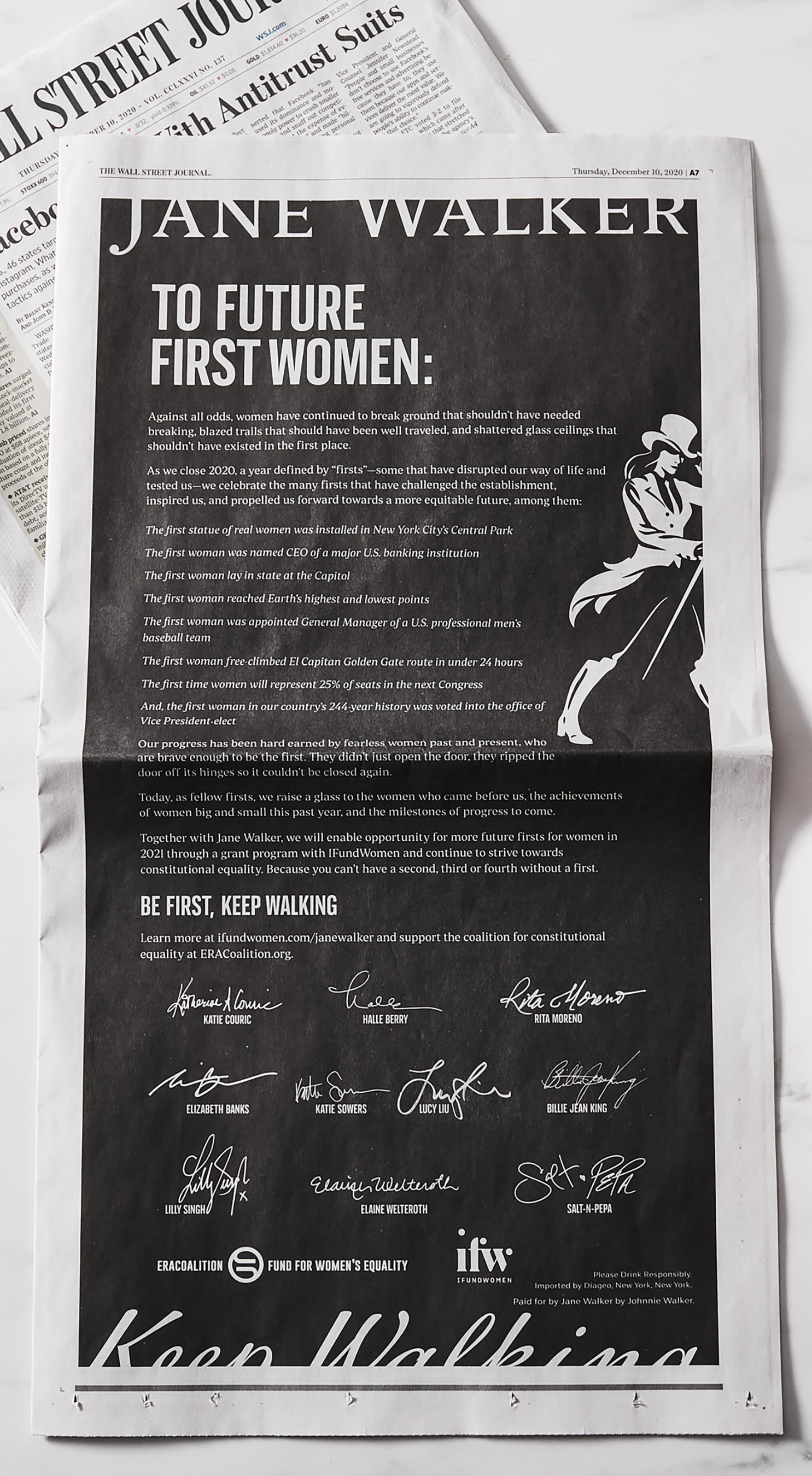 Jane Walker by Johnnie Walker launches its First Women campaign with an Open Letter in The New York Times, The Wall Street Journal and The Washington Post signed by a network of trailblazing 'First Women.'