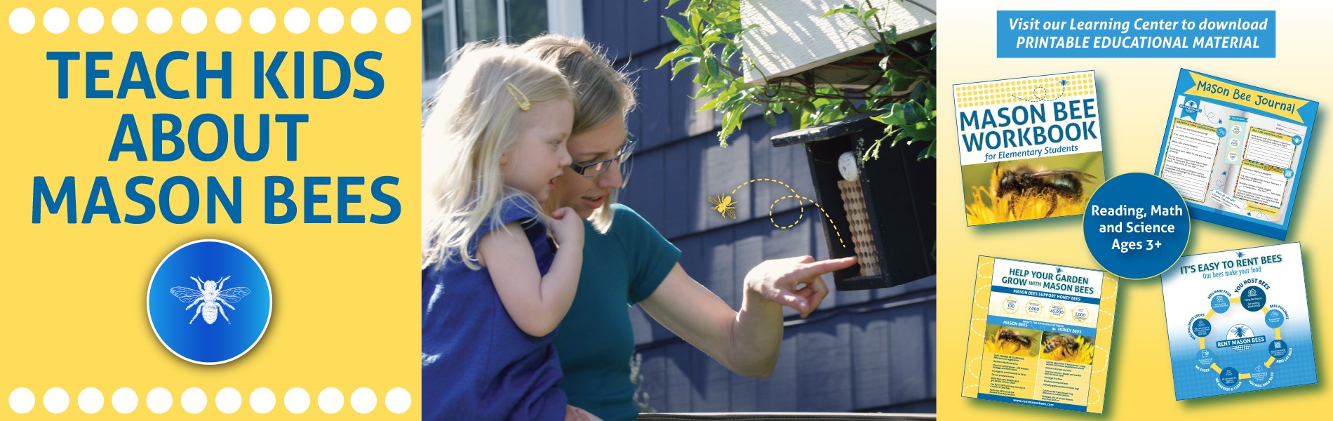 Banner graphic featuring a child learning about bees