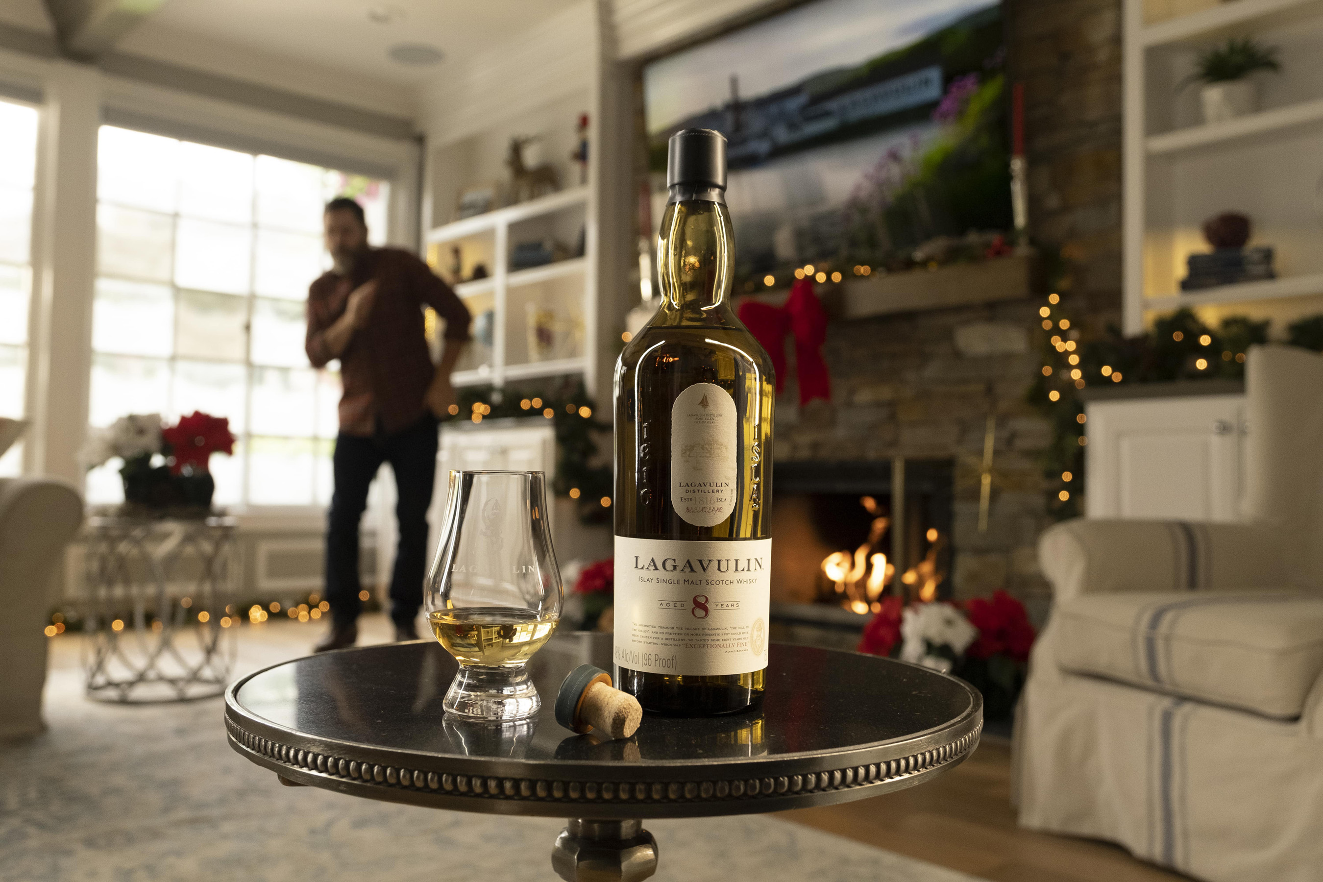 Lagavulin Single Malt Scotch Whisky  on a table for christmas