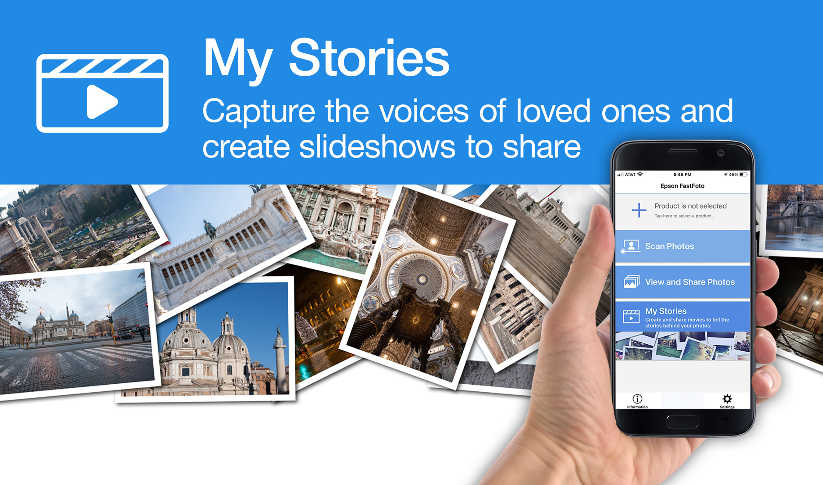 Together with the Epson FastFoto app, capture the voice of loved ones and create custom videos from an iOS® or AndroidTM smartphone or device, and relive treasured moments for generations to come.