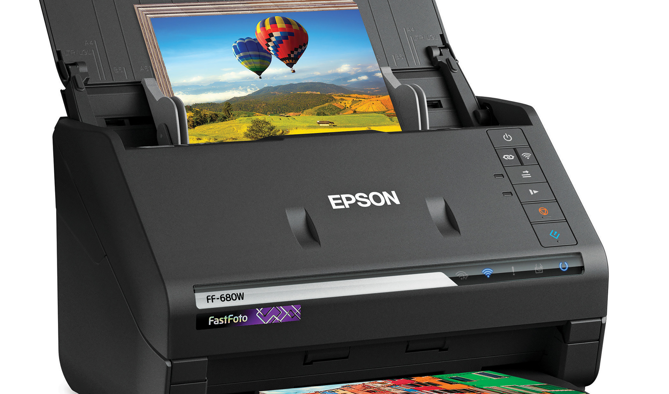 Quickly scan thousands of photos with the Epson FastFoto FF-680W wireless photo scanner and easily restore, save, and organize old photos, postcards, panoramas, and documents.