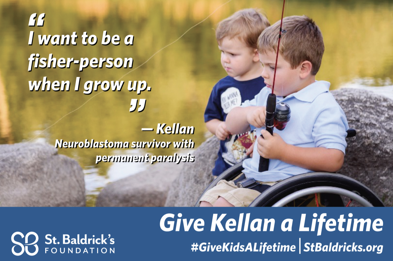Kellan, a neuroblastoma childhood cancer survivor with permanent paralysis and working on becoming a “fisher-person.”
