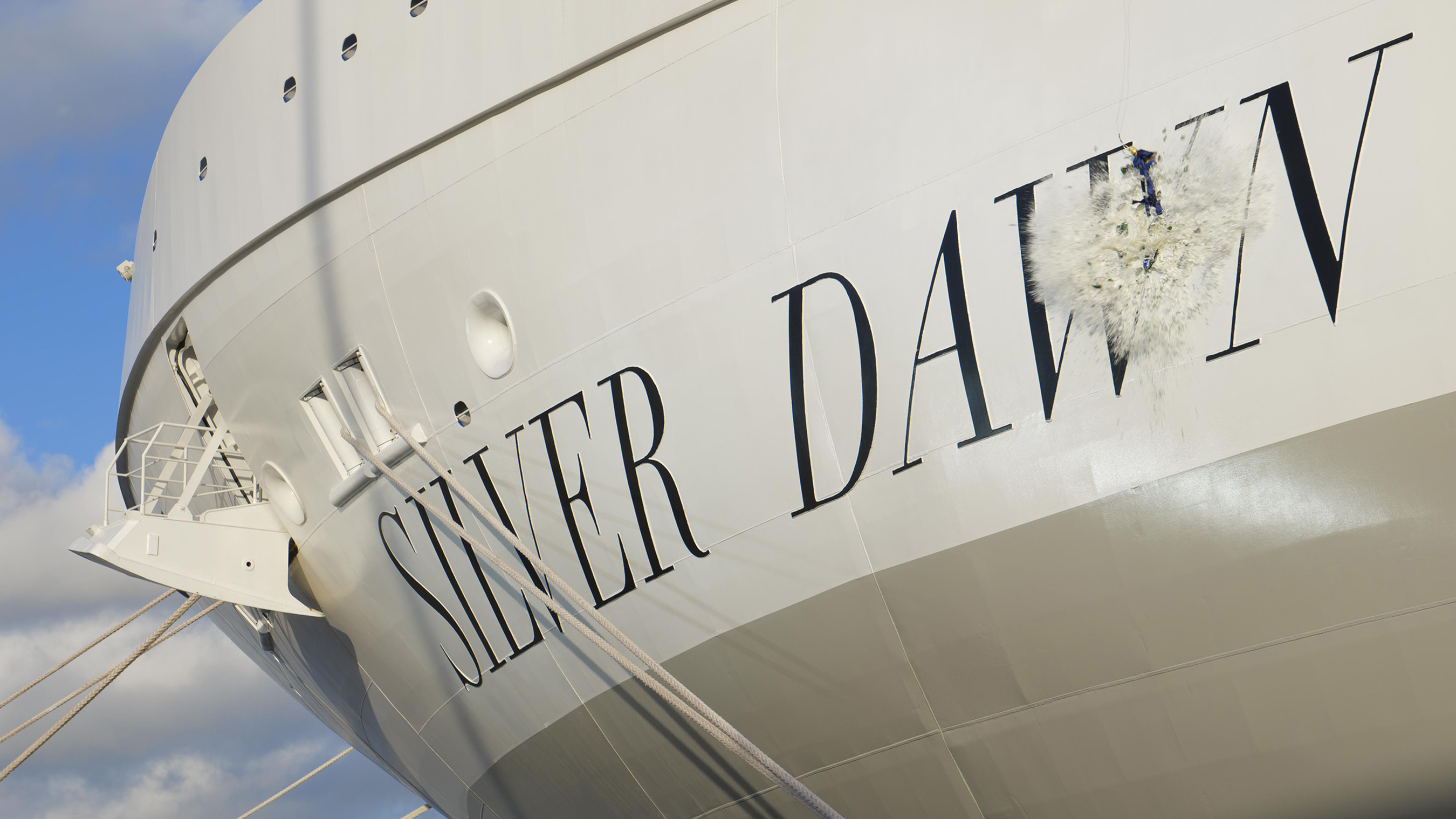 A maritime tradition, a bottle of champagne smashed on Silver Dawn’s hull to mark her official naming.