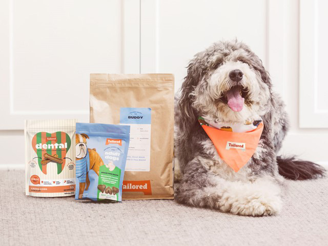 Dog with food products