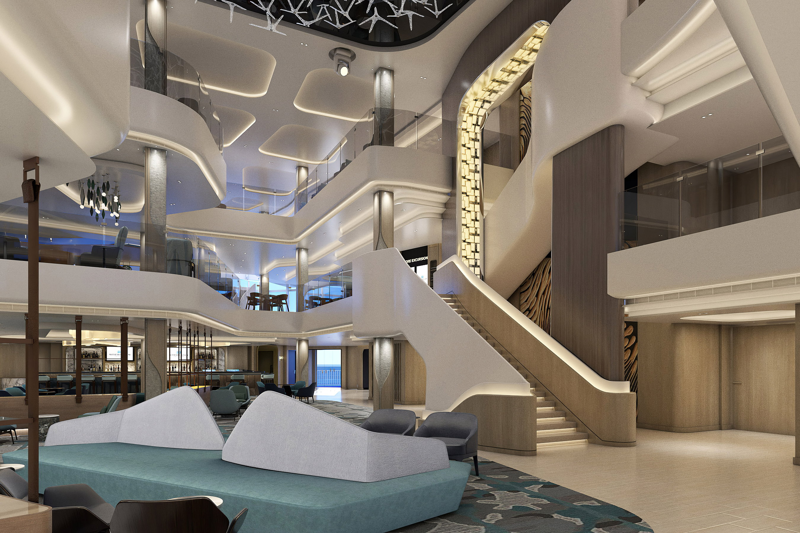 The Penrose Atrium, NCL’s first three-story, glass-walled atrium spanning decks six, seven and eight will be one of the focal points on Norwegian Prima and Viva. The space, designed by Miami-based Studio Dado, will feature retail spaces and high-end luxury shops, as well the Brand’s newest Starbucks Coffee, Prima Casino, The Penrose Bar and more.