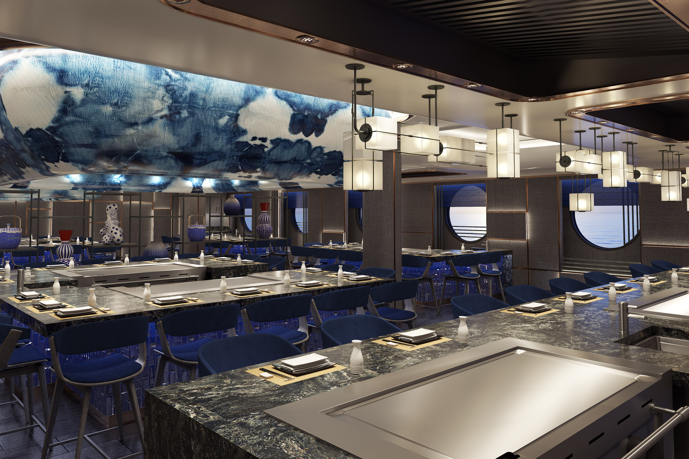 Hasuki, Norwegian Cruise Line’s new elevated take on the traditional "hibachi-style", will boast an intimate space featuring design elements that invite guests into the artisanship of Japanese influence through minimalist decor, handcrafted pottery and featured Japanese artwork.