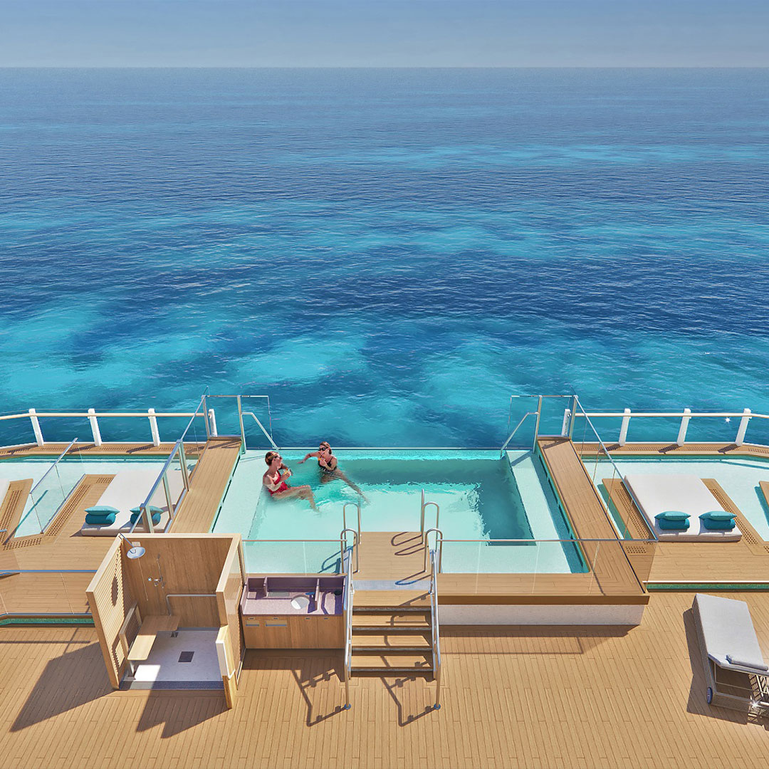Travelers will enjoy spanning views from Norwegian Prima´s Ocean Boulevard, complete with infinity pools, dining options and a variety of experiences wrapping around the entire deck eight. Norwegian Prima to debut August 2022. #NorwegianPrima
