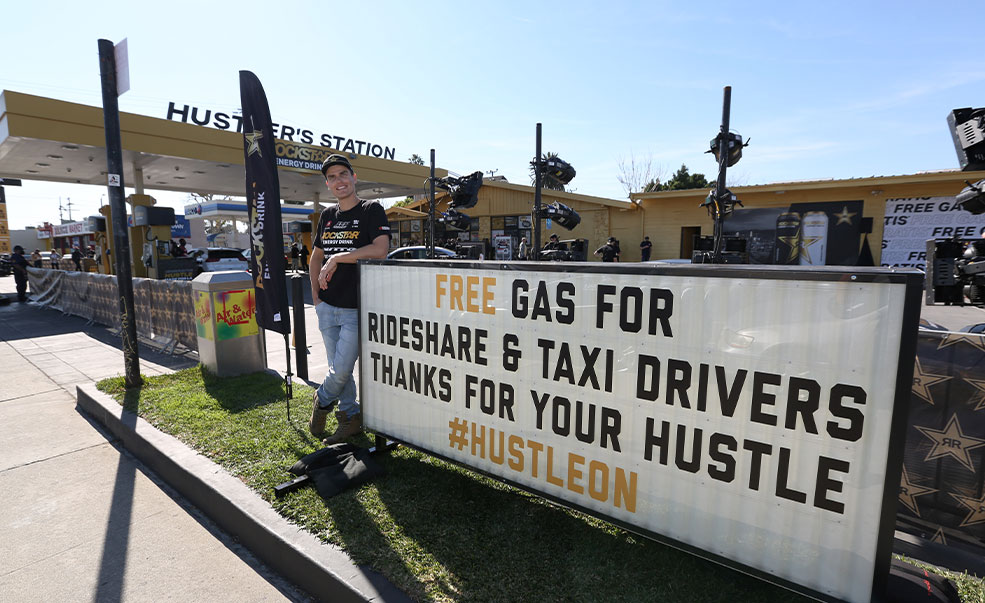 Fredic Asabo joins Rockstar Energy Drink to celebrate local Los Angeles rideshare drivers with a $25,000 gas giveaway at Hustlers Station on Thursday, Feb. 03, 2022 in Los Angeles.