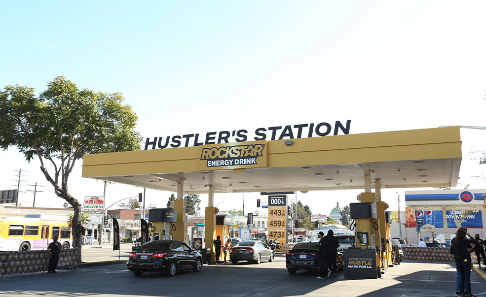 Hundreds of rideshare drivers lined up at Rockstar Energy Drink's Hustler Station in Los Angeles on Thursday, Feb. 3, 2022 to fuel up and grind on.
